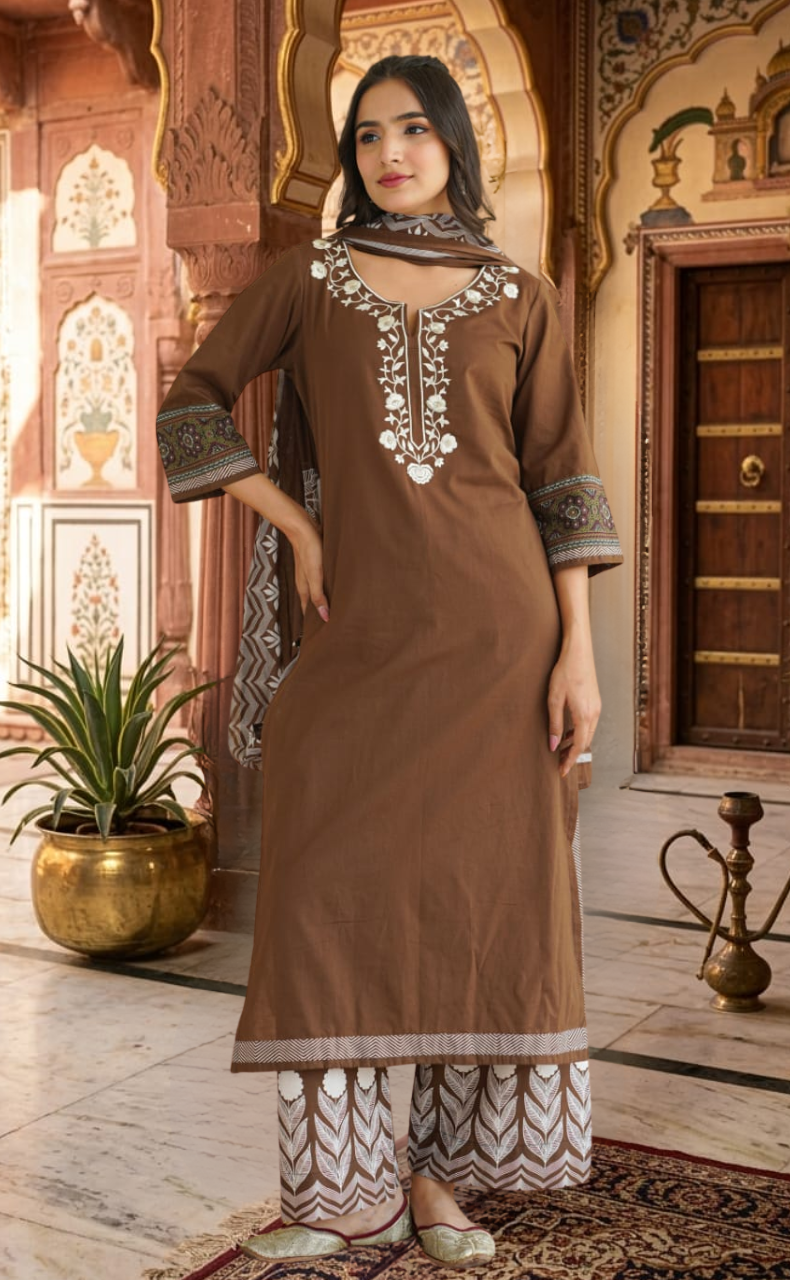 Brown Floral Jaipur Cotton Kurti With Pant And Dupatta Set. Pure Versatile Cotton. | Laces and Frills