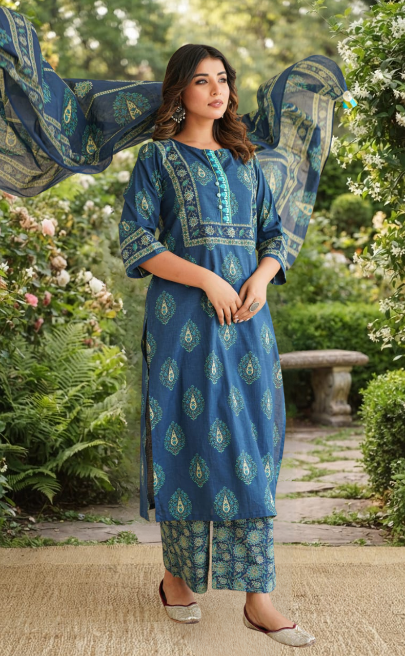 Blue Garden Jaipur Cotton Kurti With Pant And Dupatta Set. Pure Versatile Cotton. | Laces and Frills