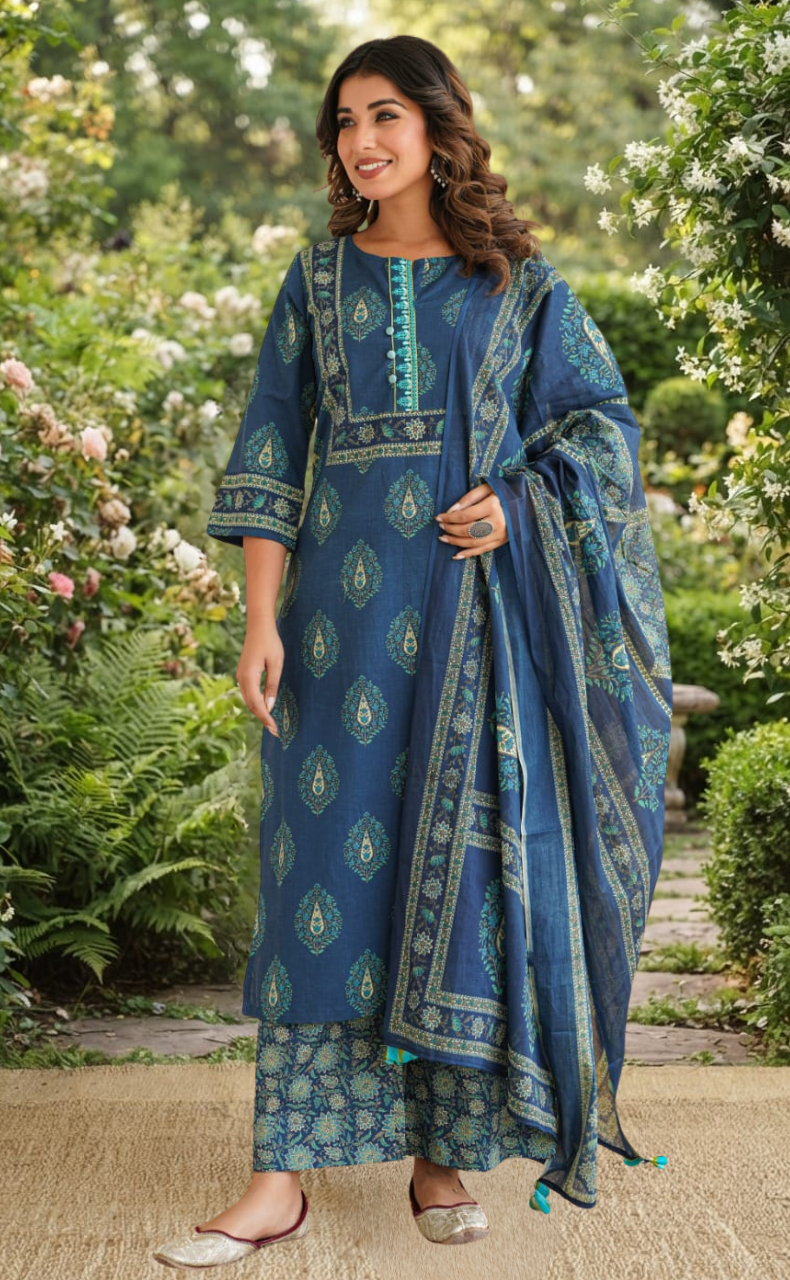 Blue Garden Jaipur Cotton Kurti With Pant And Dupatta Set. Pure Versatile Cotton. | Laces and Frills