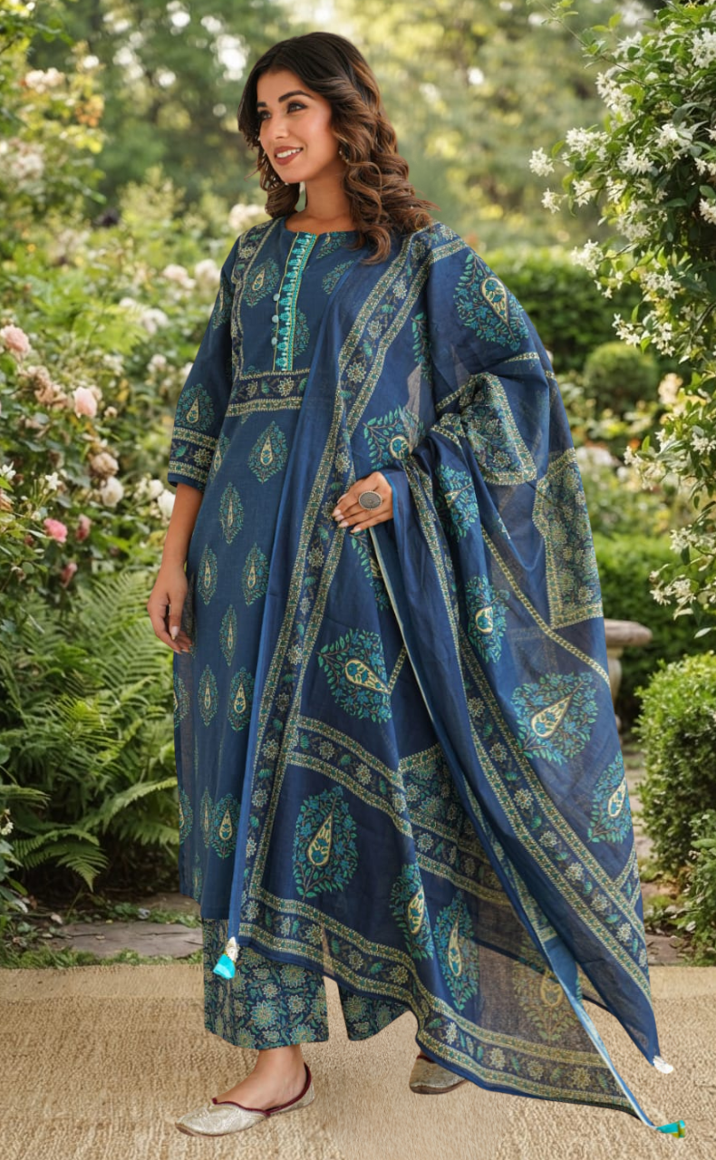 Blue Garden Jaipur Cotton Kurti With Pant And Dupatta Set. Pure Versatile Cotton. | Laces and Frills