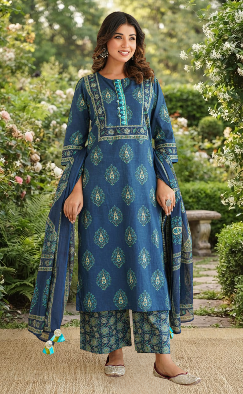 Blue Garden Jaipur Cotton Kurti With Pant And Dupatta Set. Pure Versatile Cotton. | Laces and Frills