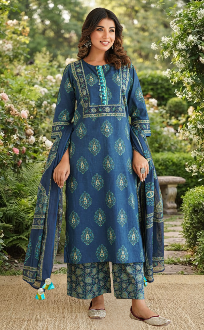 Blue Garden Jaipur Cotton Kurti With Pant And Dupatta Set. Pure Versatile Cotton. | Laces and Frills