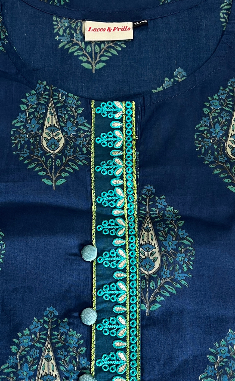 Blue Garden Jaipur Cotton Kurti With Pant And Dupatta Set. Pure Versatile Cotton. | Laces and Frills