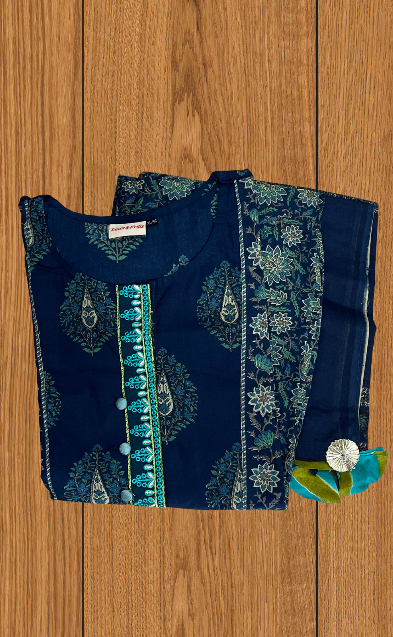 Blue Garden Jaipur Cotton Kurti With Pant And Dupatta Set. Pure Versatile Cotton. | Laces and Frills