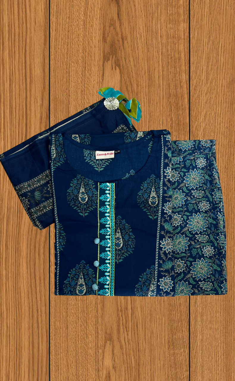 Blue Garden Jaipur Cotton Kurti With Pant And Dupatta Set. Pure Versatile Cotton. | Laces and Frills