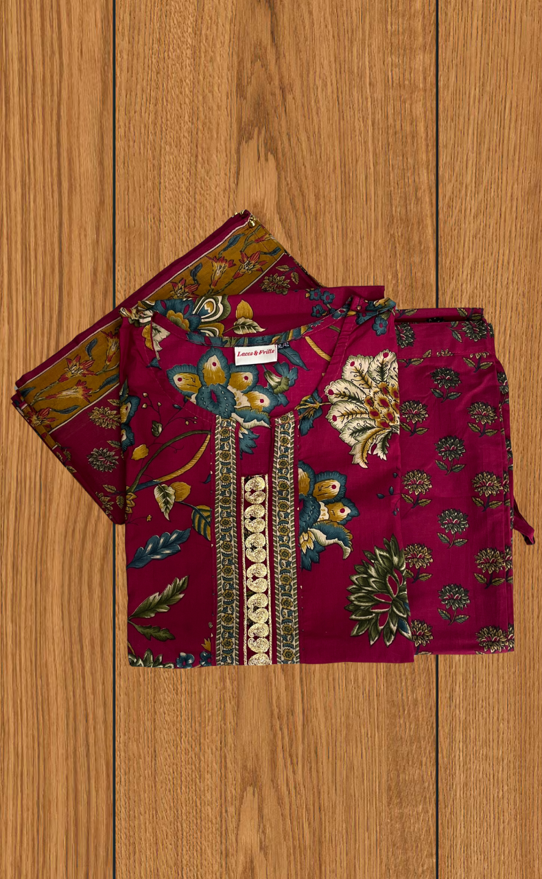 Maroon Garden Jaipur Cotton Kurti With Pant And Dupatta Set. Pure Versatile Cotton. | Laces and Frills