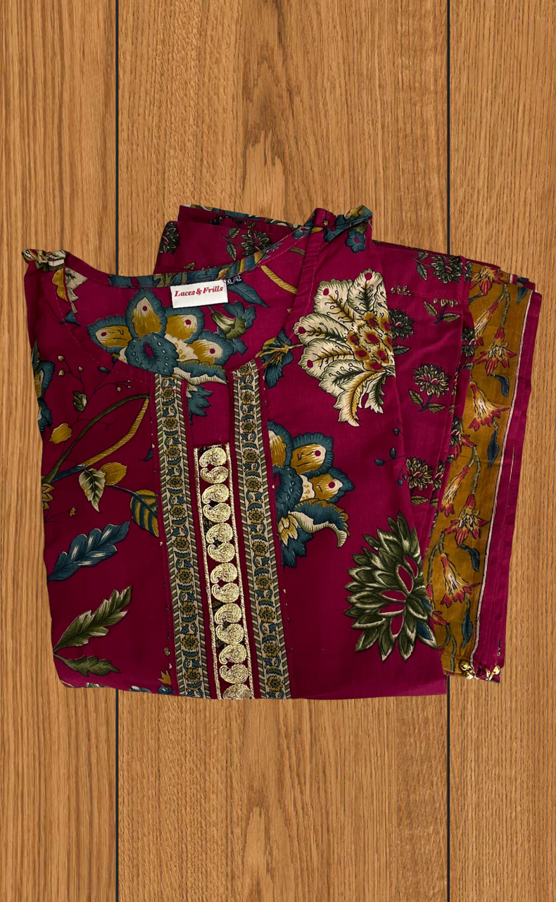 Maroon Garden Jaipur Cotton Kurti With Pant And Dupatta Set. Pure Versatile Cotton. | Laces and Frills