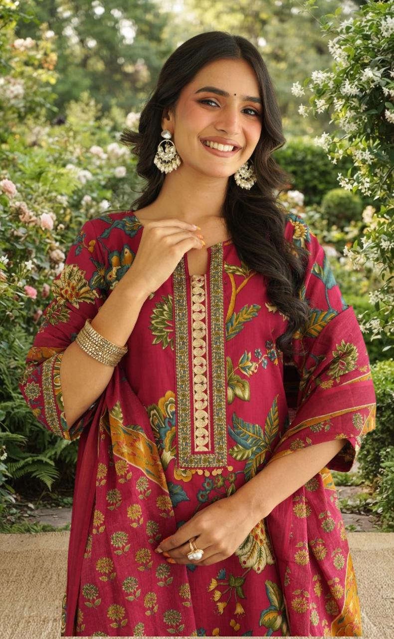 Maroon Garden Jaipur Cotton Kurti With Pant And Dupatta Set. Pure Versatile Cotton. | Laces and Frills