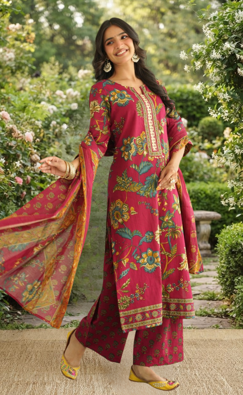 Maroon Garden Jaipur Cotton Kurti With Pant And Dupatta Set. Pure Versatile Cotton. | Laces and Frills