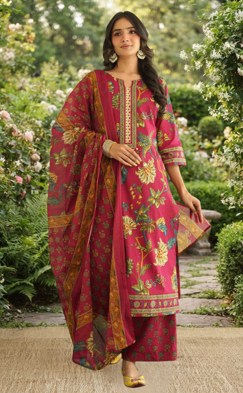 Maroon Garden Jaipur Cotton Kurti With Pant And Dupatta Set. Pure Versatile Cotton. | Laces and Frills