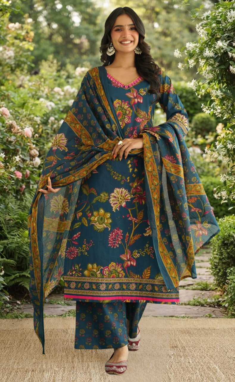 Blue Garden Jaipur Cotton Kurti With Pant And Dupatta Set. Pure Versatile Cotton. | Laces and Frills