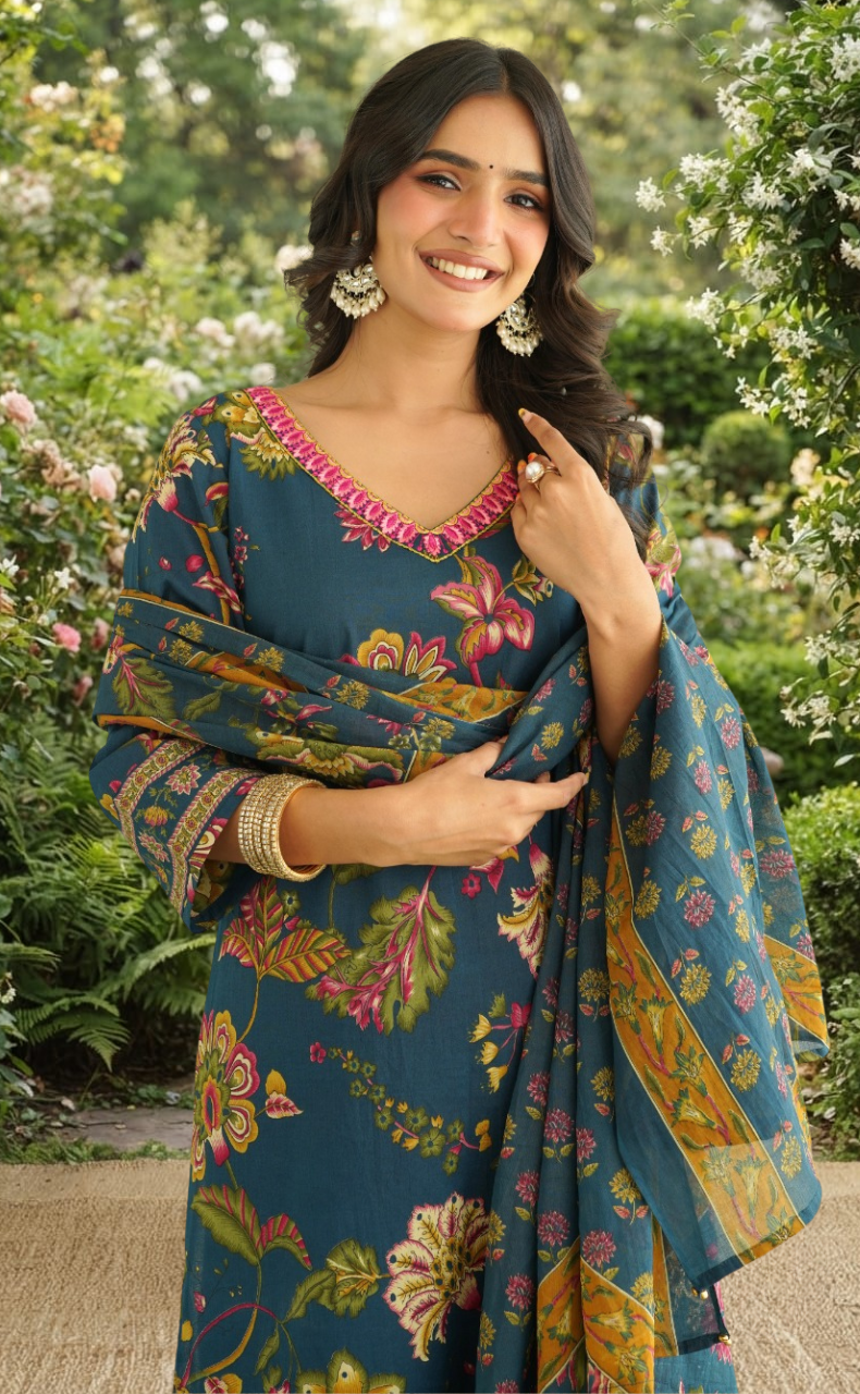 Blue Garden Jaipur Cotton Kurti With Pant And Dupatta Set. Pure Versatile Cotton. | Laces and Frills