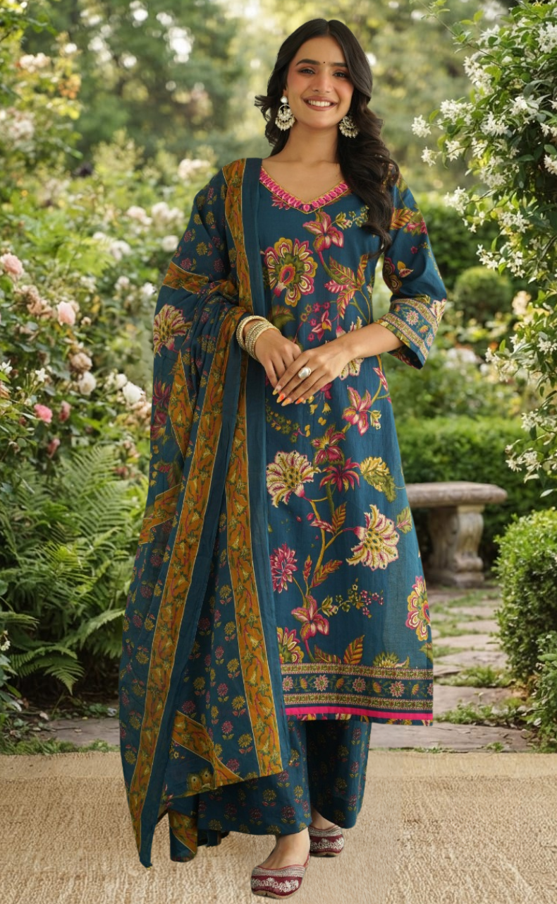 Blue Garden Jaipur Cotton Kurti With Pant And Dupatta Set. Pure Versatile Cotton. | Laces and Frills