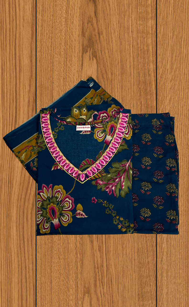Blue Garden Jaipur Cotton Kurti With Pant And Dupatta Set. Pure Versatile Cotton. | Laces and Frills