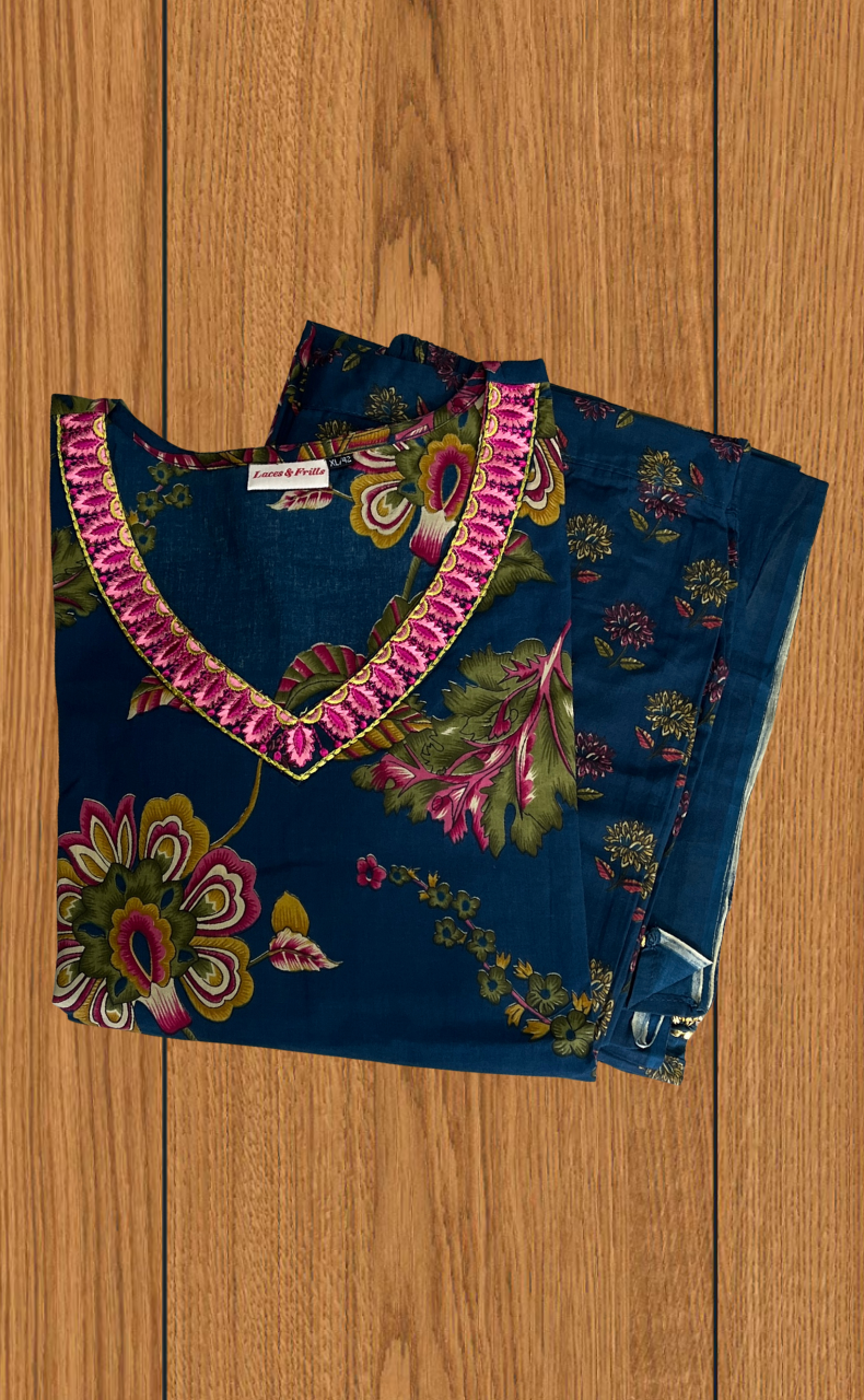 Blue Garden Jaipur Cotton Kurti With Pant And Dupatta Set. Pure Versatile Cotton. | Laces and Frills