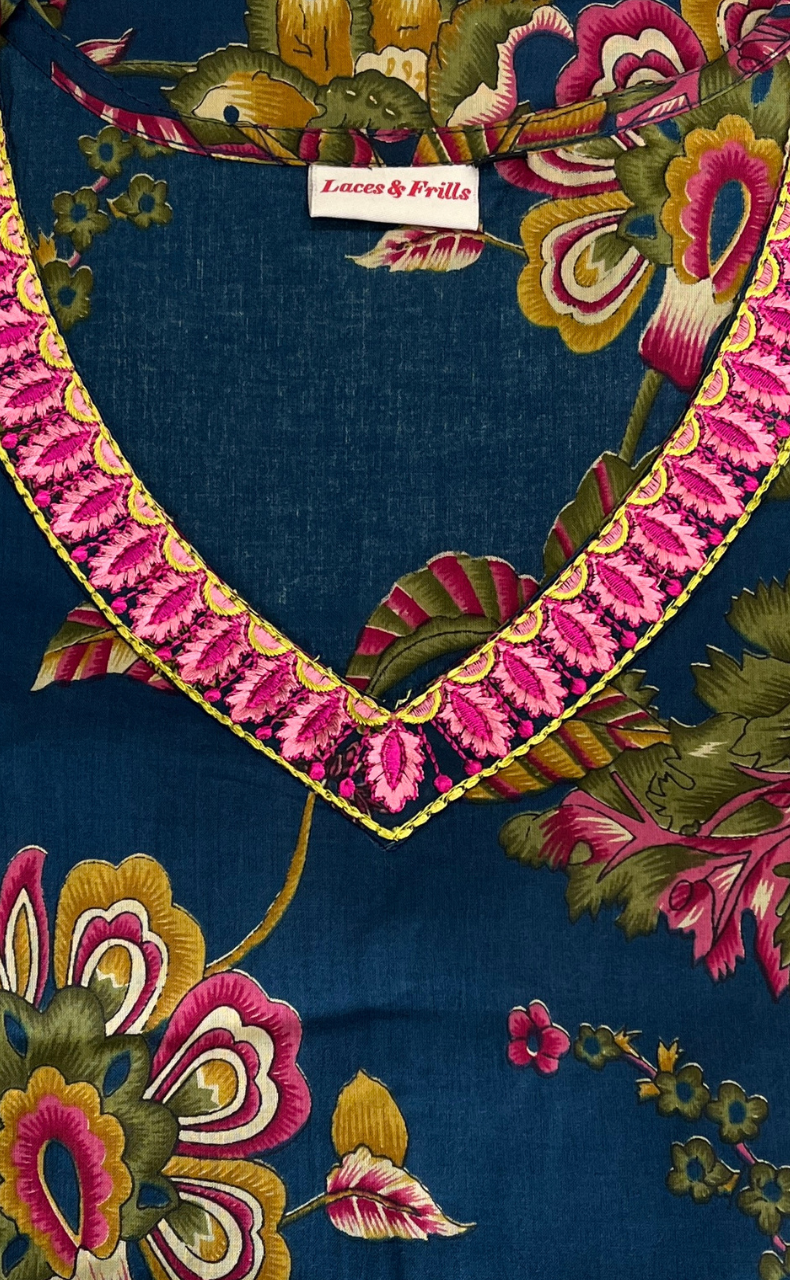 Blue Garden Jaipur Cotton Kurti With Pant And Dupatta Set. Pure Versatile Cotton. | Laces and Frills