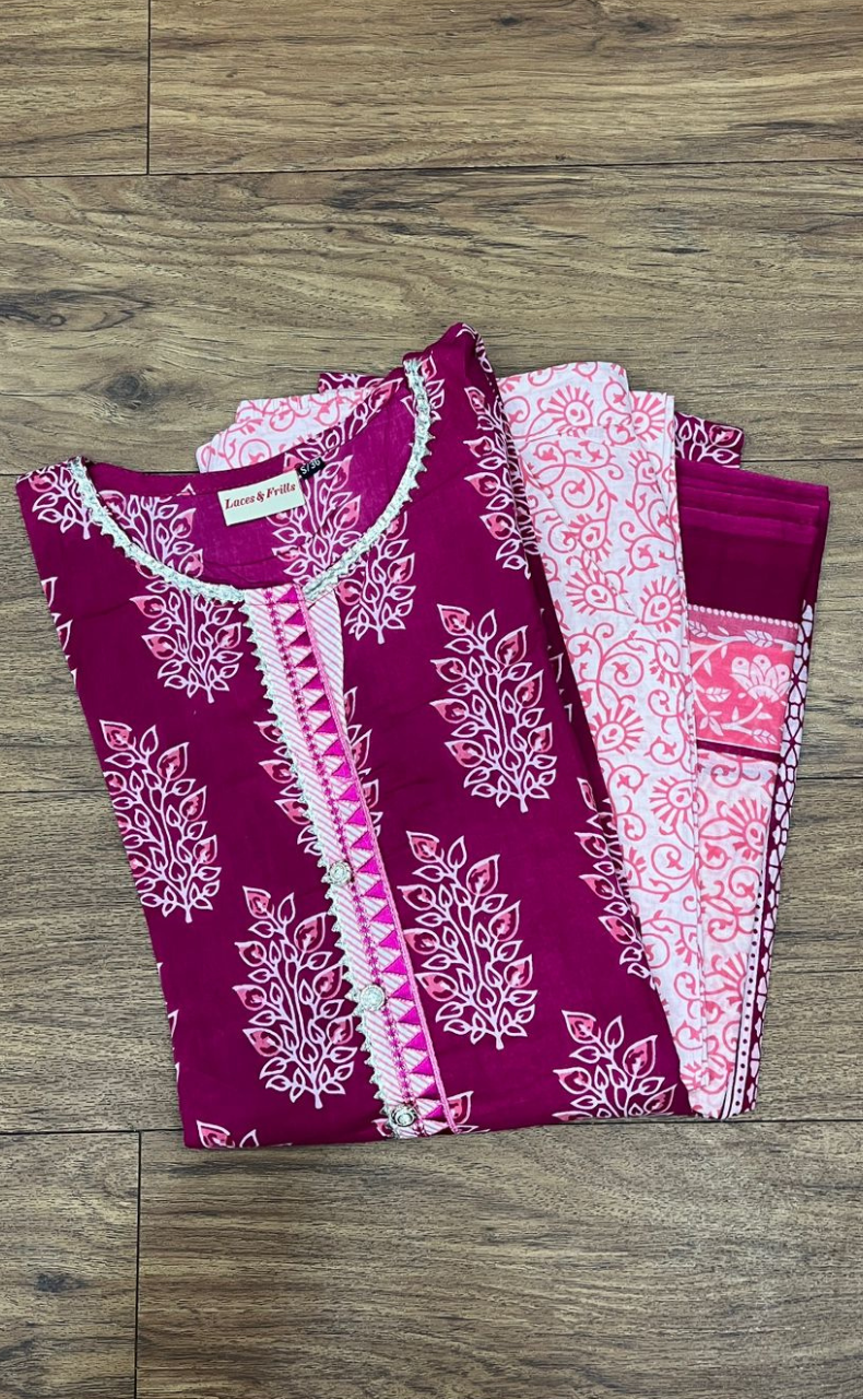 Pink Mughal Motif Kurti With Pant And Dupatta Set .Pure Versatile Cotton. | Laces and Frills - Laces and Frills