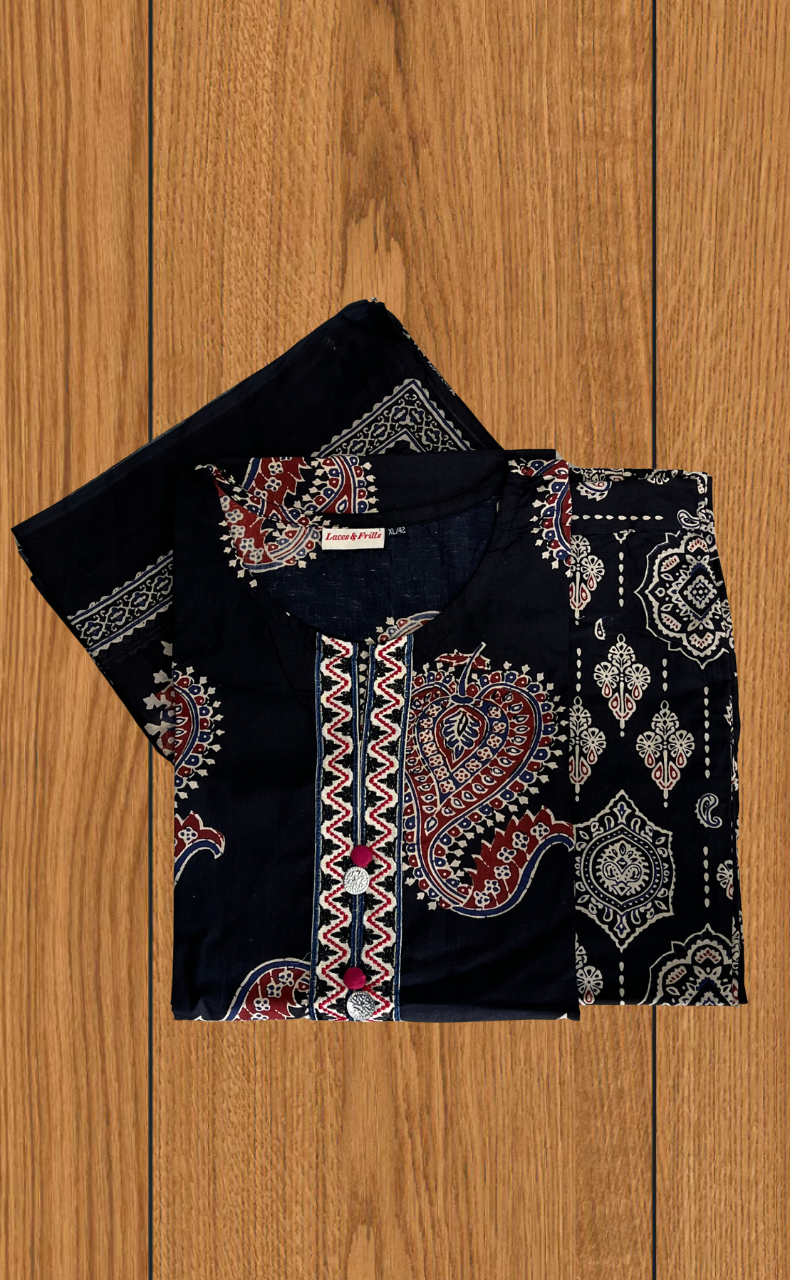 Black Motif Jaipur Cotton Kurti With Pant And Dupatta Set. Pure Versatile Cotton. | Laces and Frills