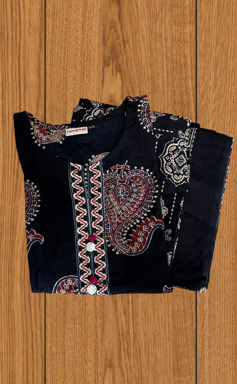 Black Motif Jaipur Cotton Kurti With Pant And Dupatta Set. Pure Versatile Cotton. | Laces and Frills