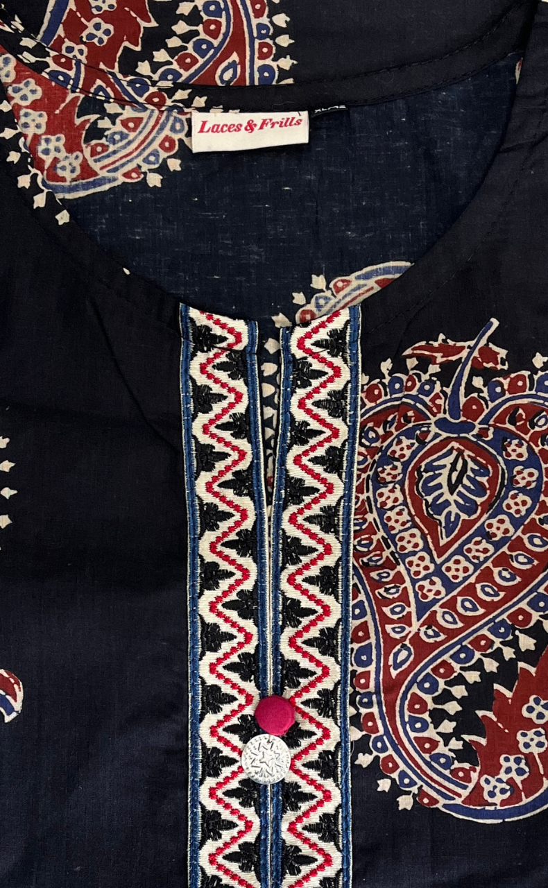 Black Motif Jaipur Cotton Kurti With Pant And Dupatta Set. Pure Versatile Cotton. | Laces and Frills