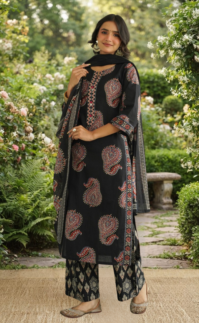 Black Motif Jaipur Cotton Kurti With Pant And Dupatta Set. Pure Versatile Cotton. | Laces and Frills