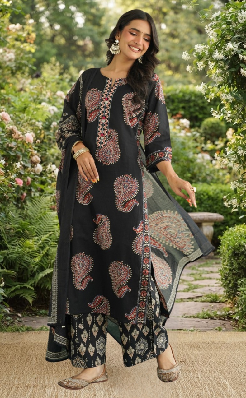 Black Motif Jaipur Cotton Kurti With Pant And Dupatta Set. Pure Versatile Cotton. | Laces and Frills