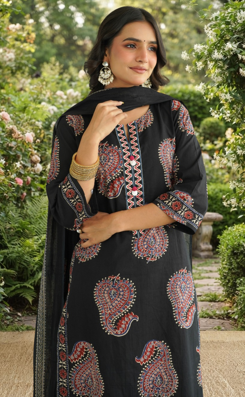 Black Motif Jaipur Cotton Kurti With Pant And Dupatta Set. Pure Versatile Cotton. | Laces and Frills