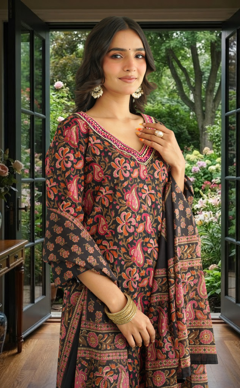 Black Garden Jaipur Cotton Kurti With Pant And Dupatta Set. Pure Versatile Cotton. | Laces and Frills