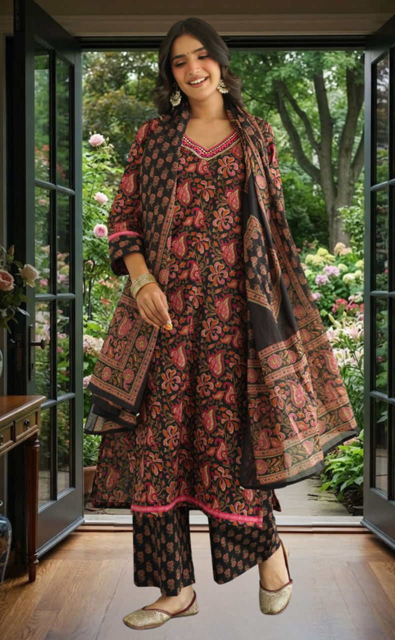 Black Garden Jaipur Cotton Kurti With Pant And Dupatta Set. Pure Versatile Cotton. | Laces and Frills