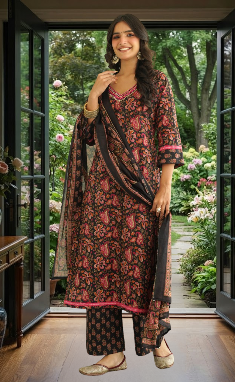 Black Garden Jaipur Cotton Kurti With Pant And Dupatta Set. Pure Versatile Cotton. | Laces and Frills