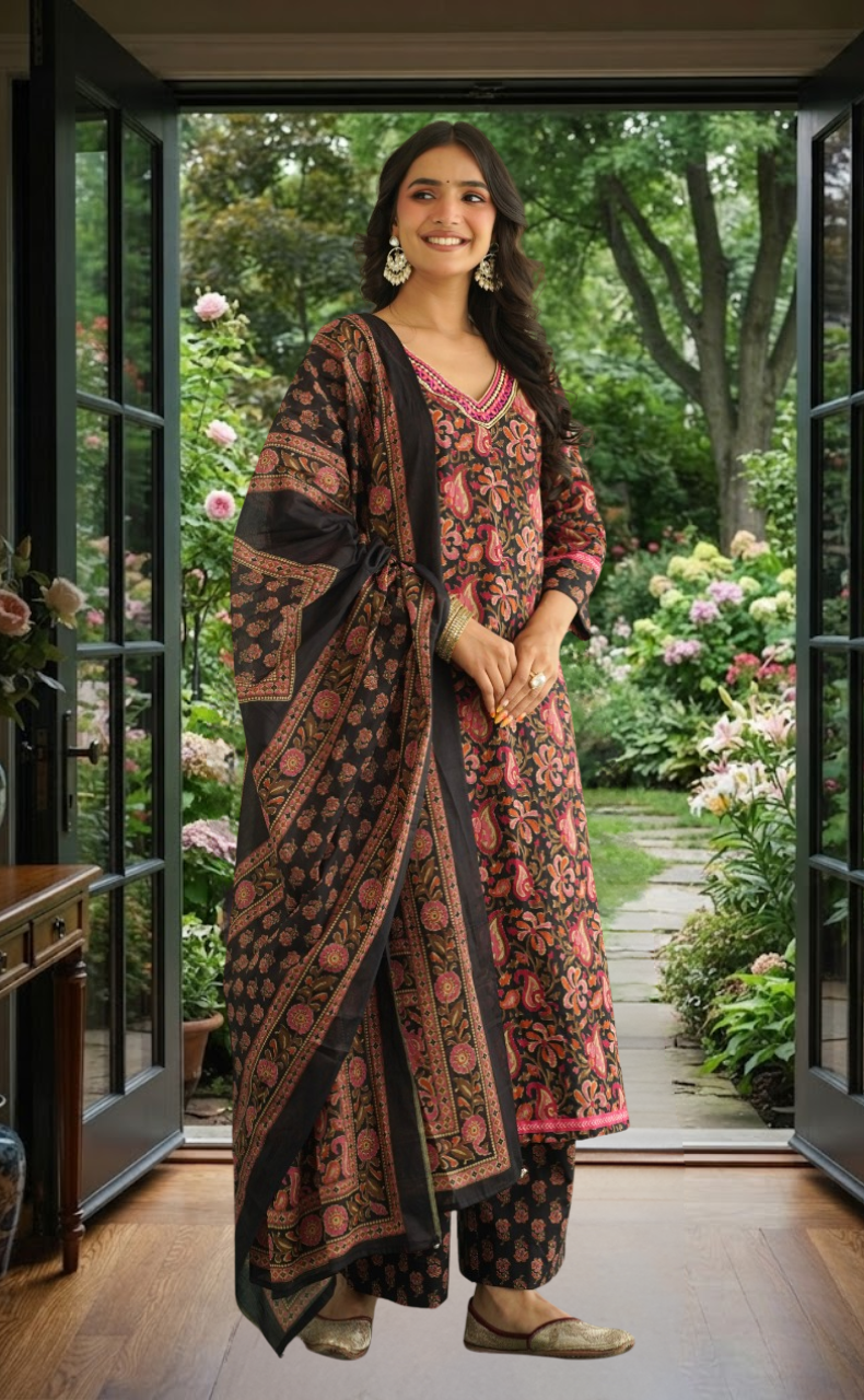 Black Garden Jaipur Cotton Kurti With Pant And Dupatta Set. Pure Versatile Cotton. | Laces and Frills