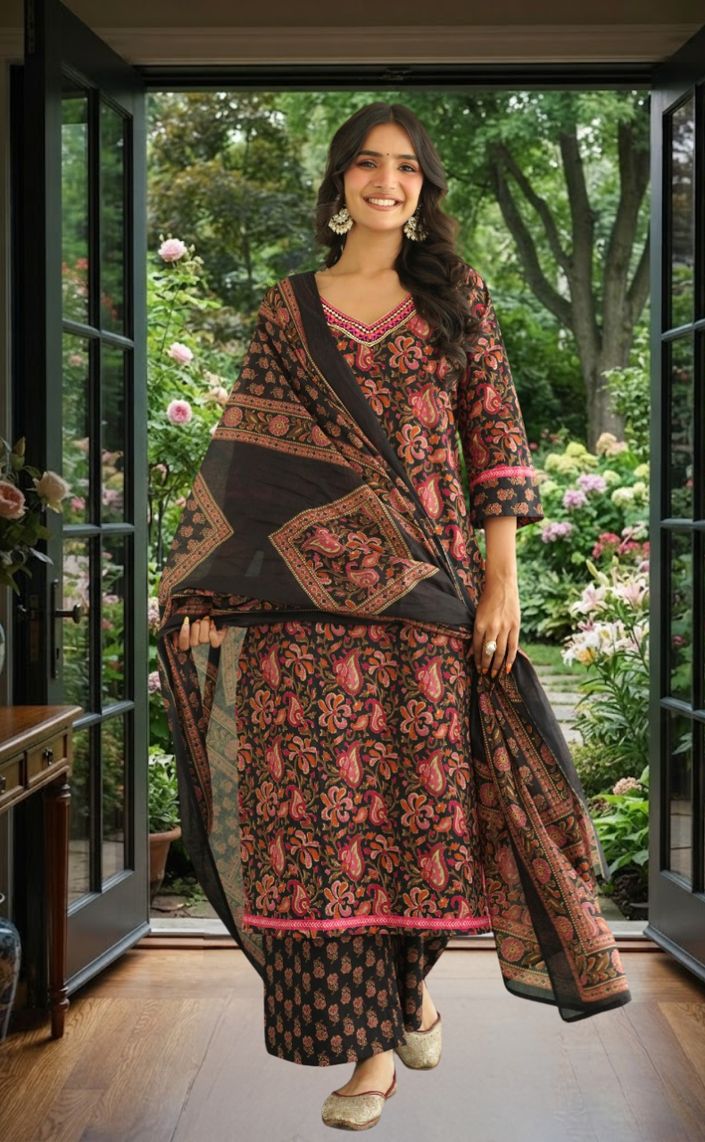 Black Garden Jaipur Cotton Kurti With Pant And Dupatta Set. Pure Versatile Cotton. | Laces and Frills