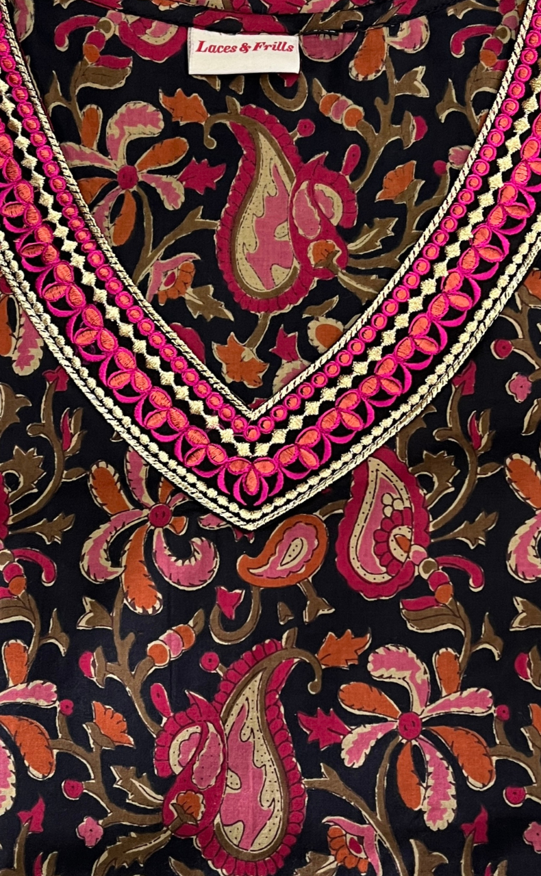 Black Garden Jaipur Cotton Kurti With Pant And Dupatta Set. Pure Versatile Cotton. | Laces and Frills