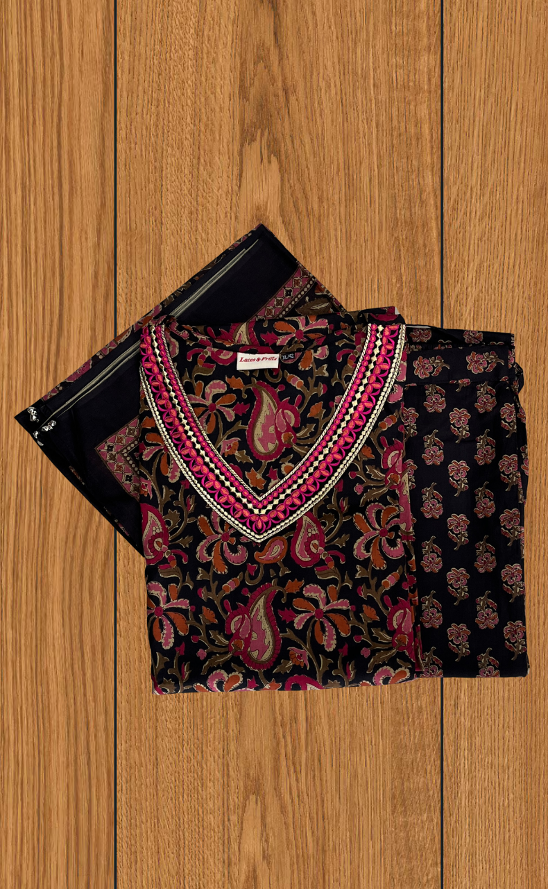 Black Garden Jaipur Cotton Kurti With Pant And Dupatta Set. Pure Versatile Cotton. | Laces and Frills