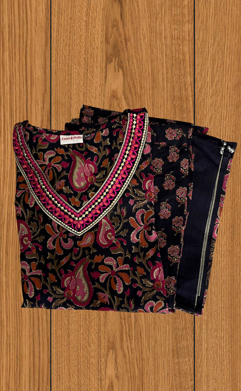 Black Garden Jaipur Cotton Kurti With Pant And Dupatta Set. Pure Versatile Cotton. | Laces and Frills