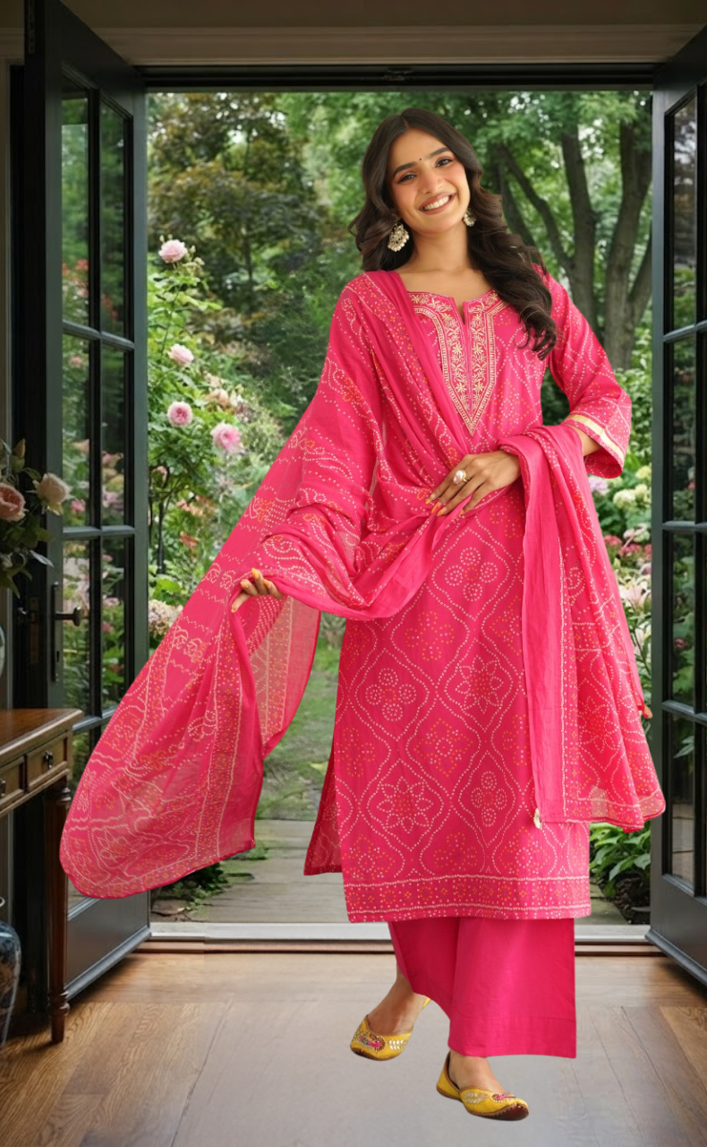 Pink Bandini Jaipur Cotton Kurti With Pant And Dupatta Set. Pure Versatile Cotton. | Laces and Frills