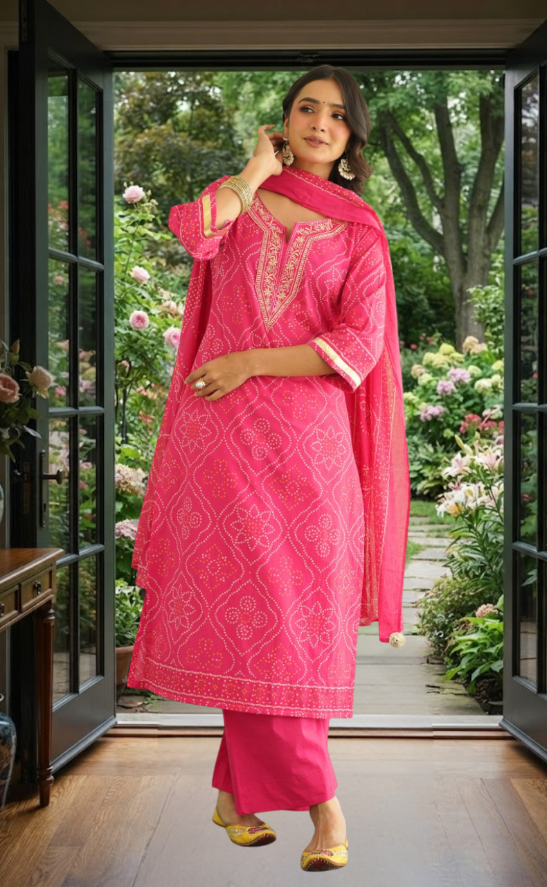 Pink Bandini Jaipur Cotton Kurti With Pant And Dupatta Set. Pure Versatile Cotton. | Laces and Frills