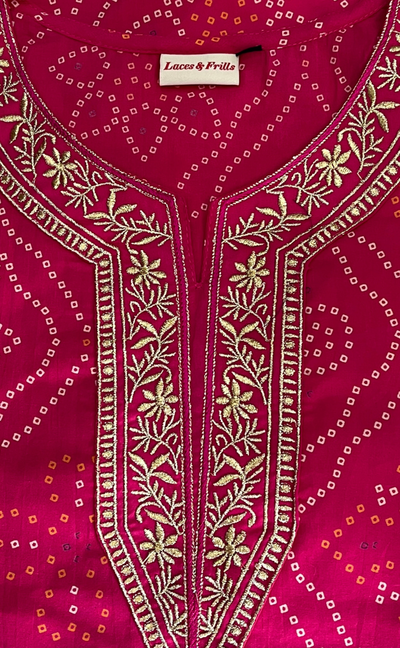 Pink Bandini Jaipur Cotton Kurti With Pant And Dupatta Set. Pure Versatile Cotton. | Laces and Frills