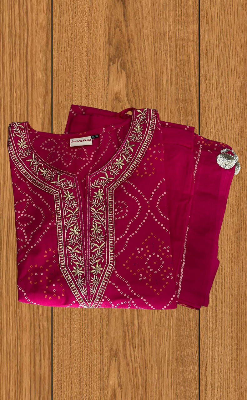 Pink Bandini Jaipur Cotton Kurti With Pant And Dupatta Set. Pure Versatile Cotton. | Laces and Frills