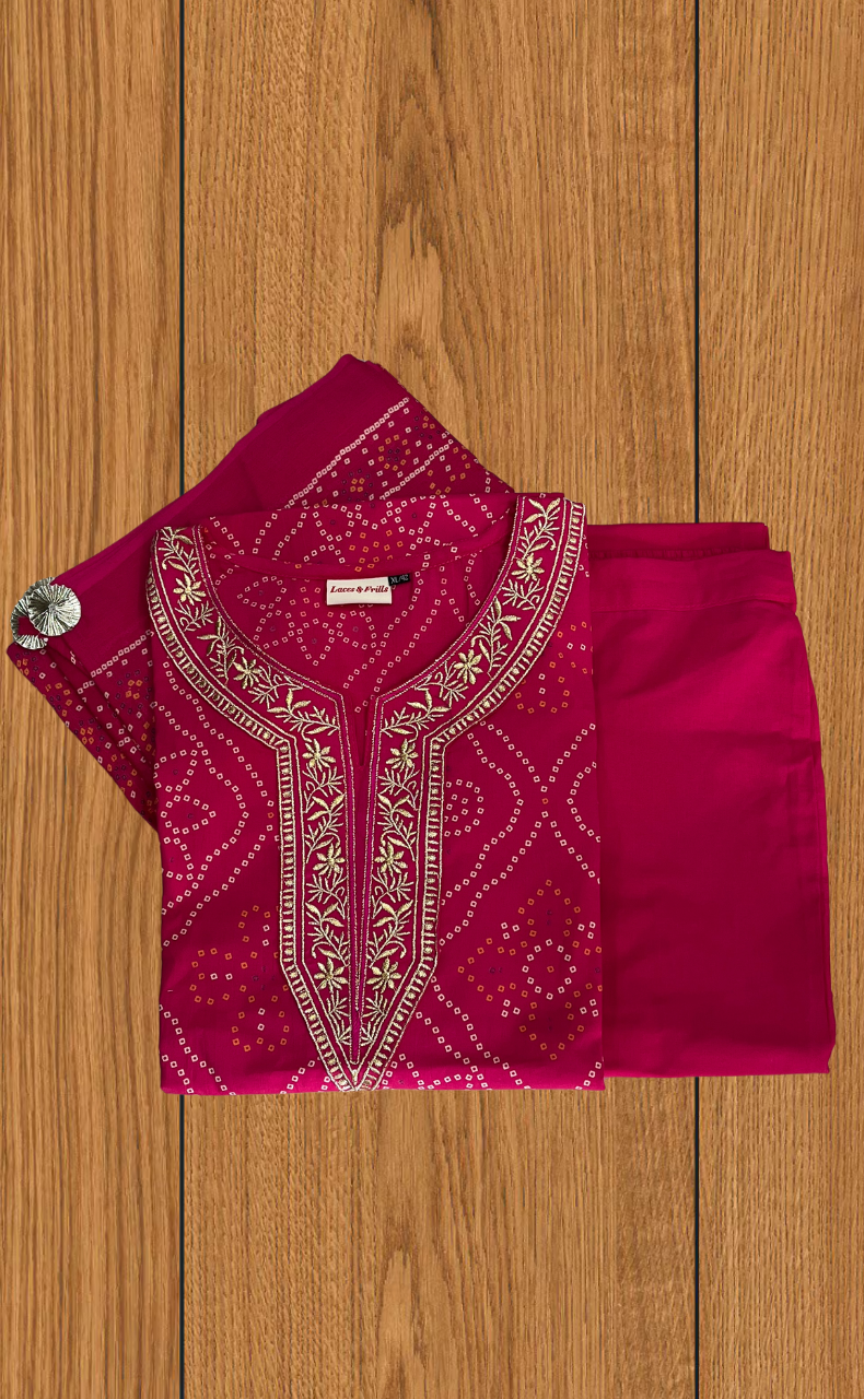 Pink Bandini Jaipur Cotton Kurti With Pant And Dupatta Set. Pure Versatile Cotton. | Laces and Frills