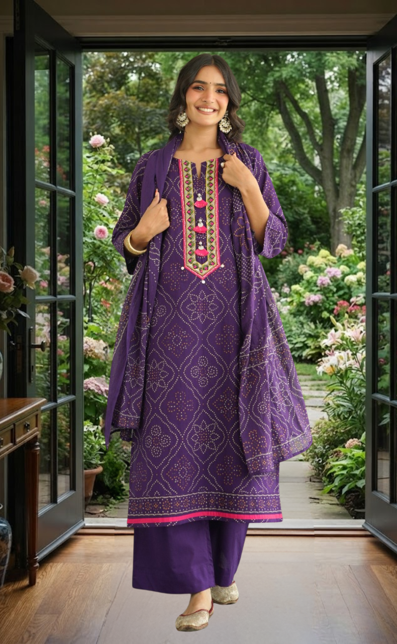 Violet Bandini Jaipur Cotton Kurti With Pant And Dupatta Set. Pure Versatile Cotton. | Laces and Frills