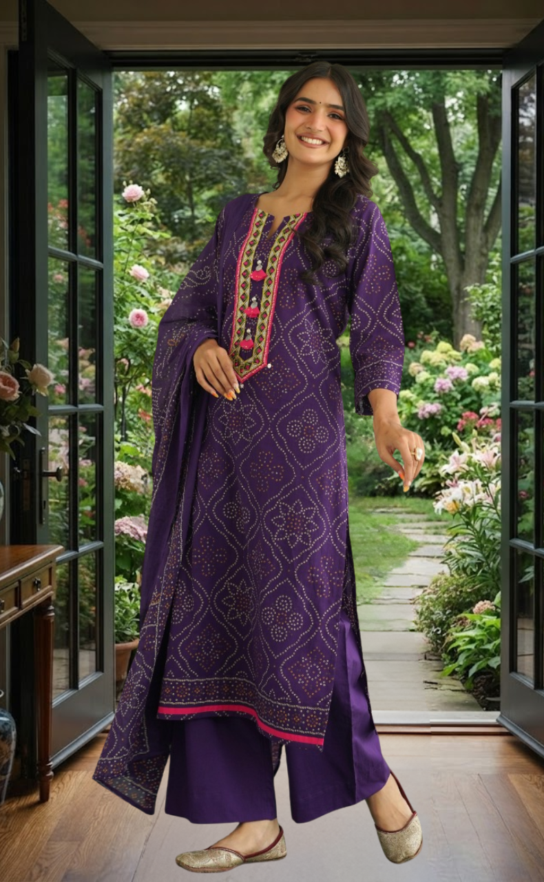 Violet Bandini Jaipur Cotton Kurti With Pant And Dupatta Set. Pure Versatile Cotton. | Laces and Frills