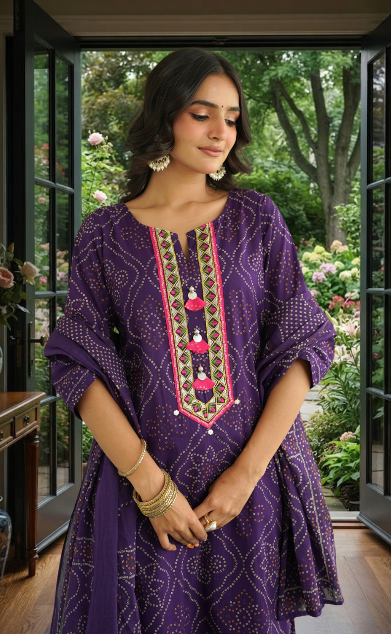 Violet Bandini Jaipur Cotton Kurti With Pant And Dupatta Set. Pure Versatile Cotton. | Laces and Frills