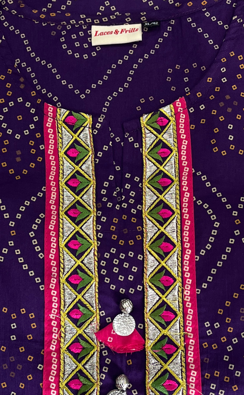 Violet Bandini Jaipur Cotton Kurti With Pant And Dupatta Set. Pure Versatile Cotton. | Laces and Frills