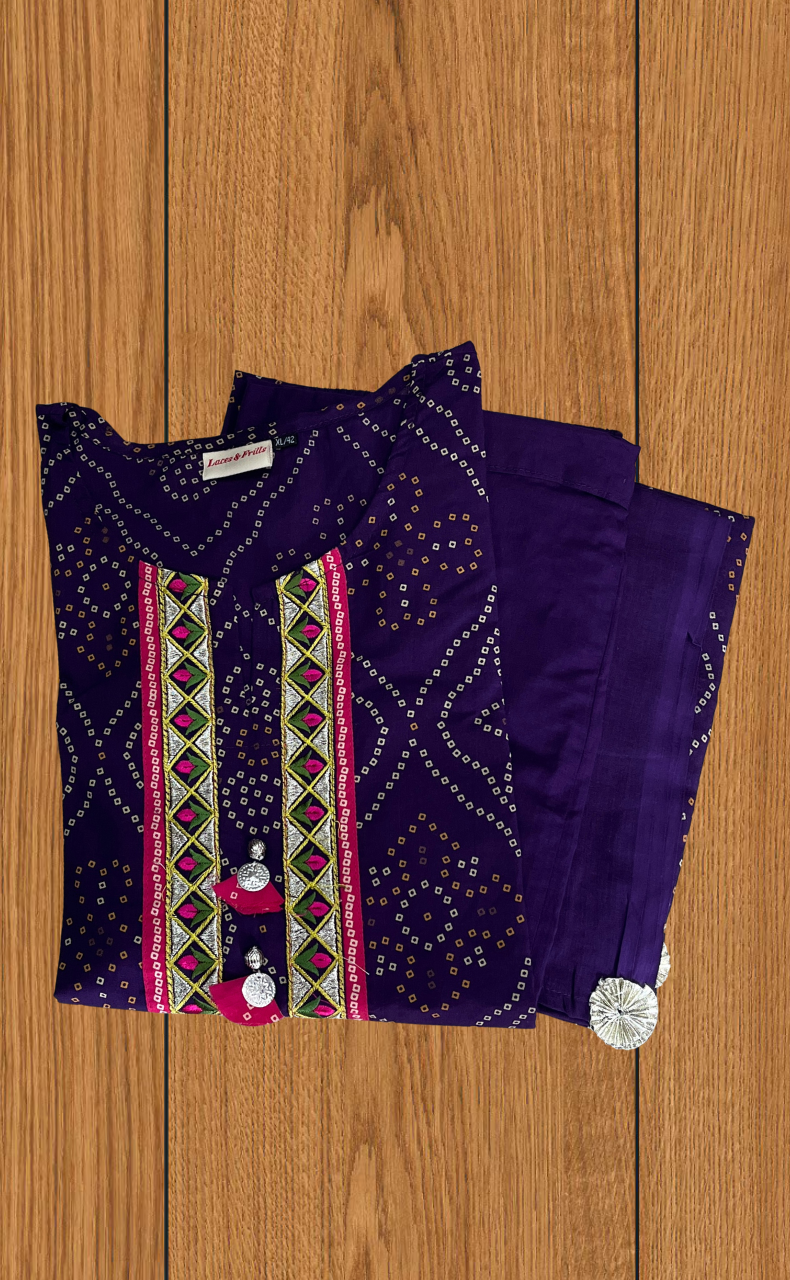 Violet Bandini Jaipur Cotton Kurti With Pant And Dupatta Set. Pure Versatile Cotton. | Laces and Frills