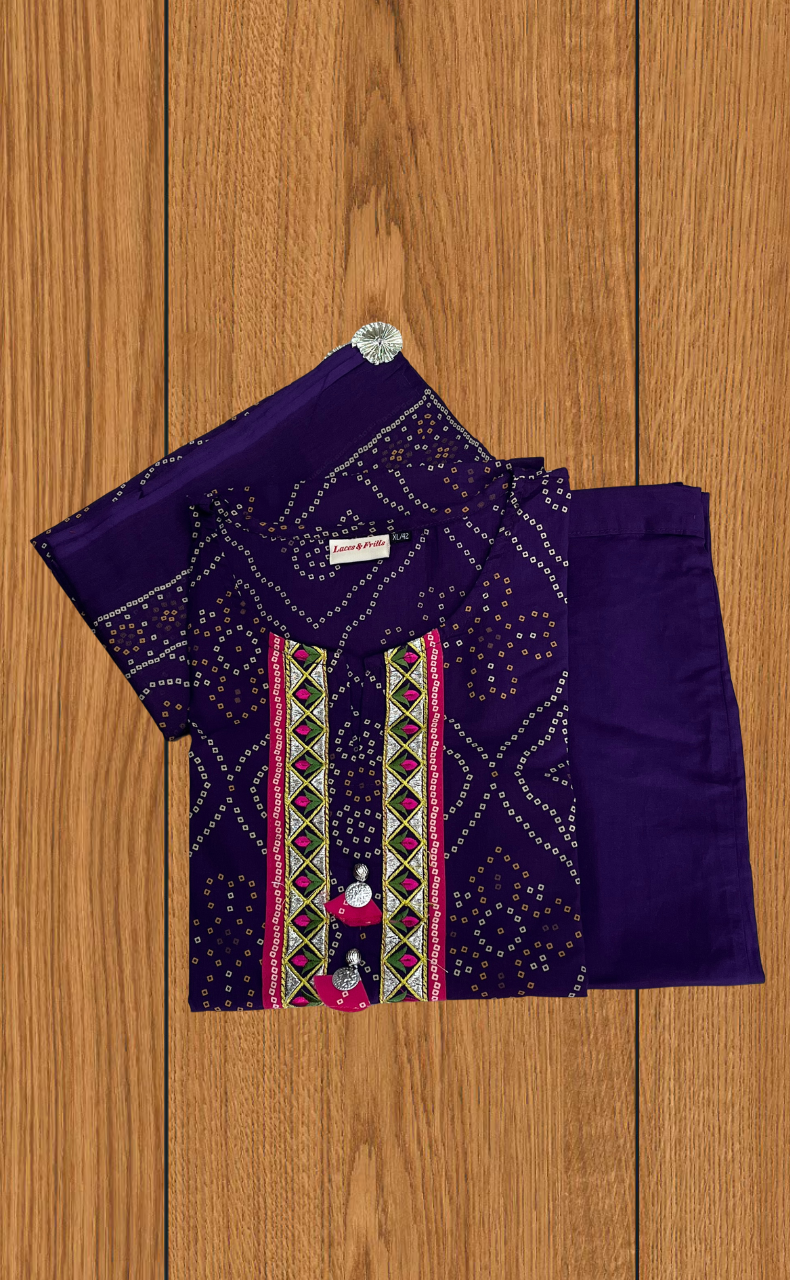 Violet Bandini Jaipur Cotton Kurti With Pant And Dupatta Set. Pure Versatile Cotton. | Laces and Frills