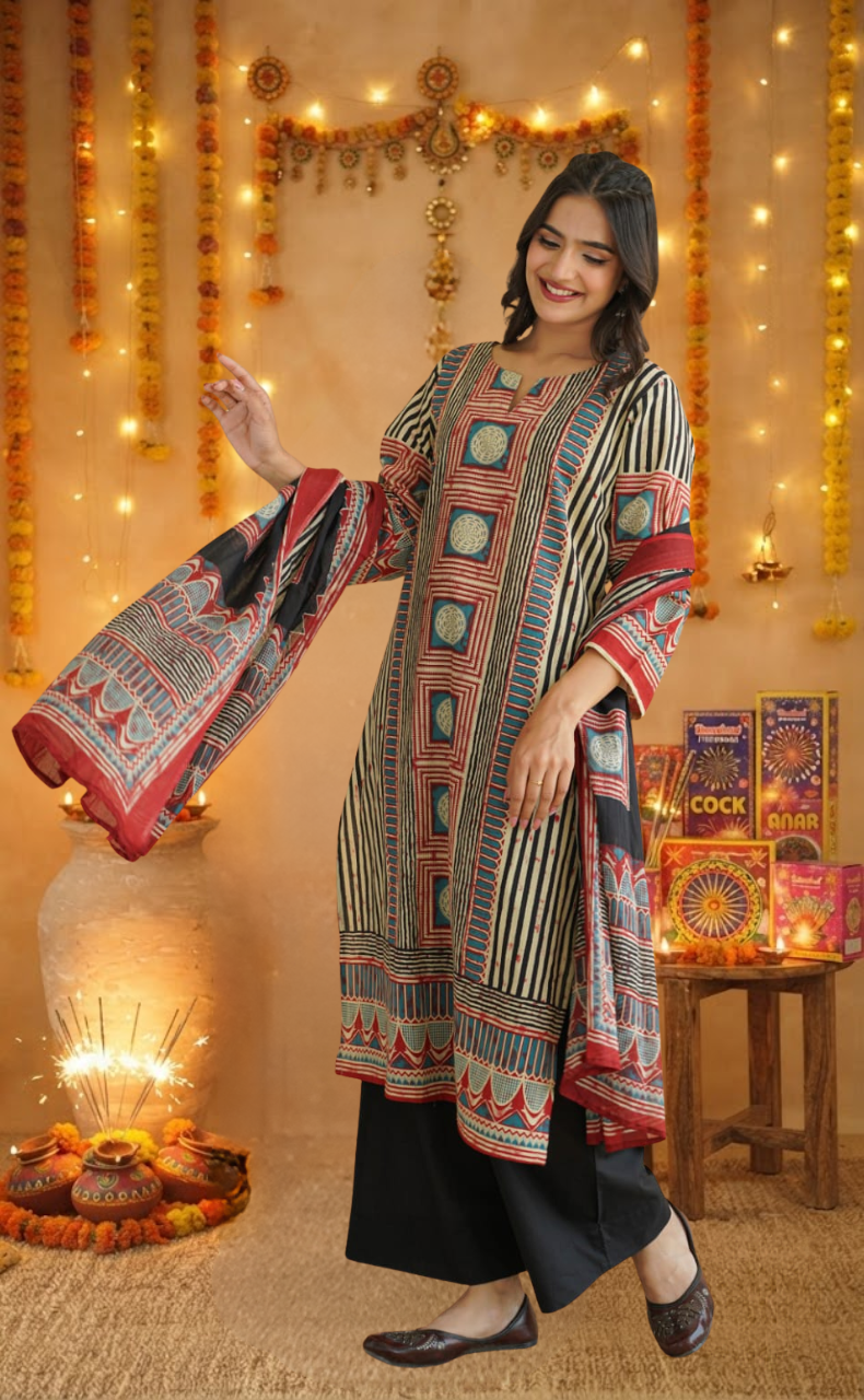 Black Stripes Jaipur Cotton Kurti With Pant And Dupatta Set. Pure Versatile Cotton. | Laces and Frills