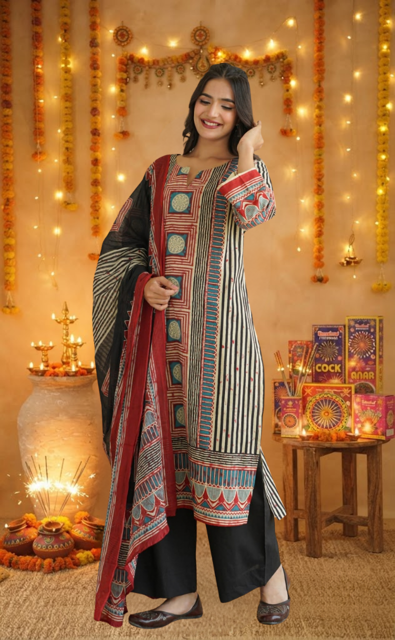Black Stripes Jaipur Cotton Kurti With Pant And Dupatta Set. Pure Versatile Cotton. | Laces and Frills