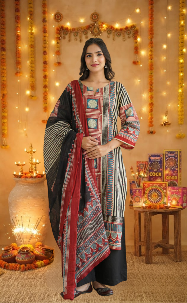 Black Stripes Jaipur Cotton Kurti With Pant And Dupatta Set. Pure Versatile Cotton. | Laces and Frills
