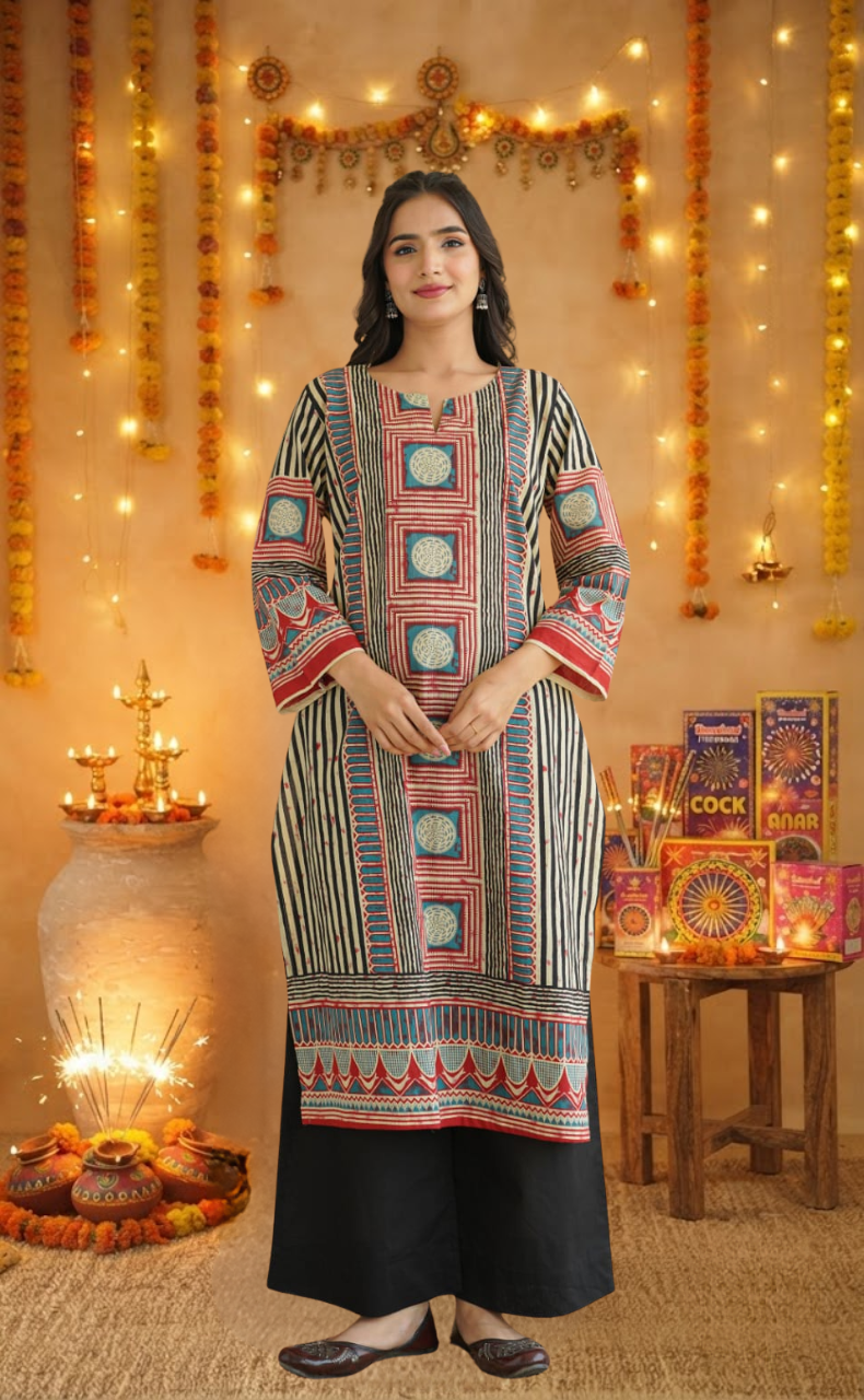 Black Stripes Jaipur Cotton Kurti With Pant And Dupatta Set. Pure Versatile Cotton. | Laces and Frills